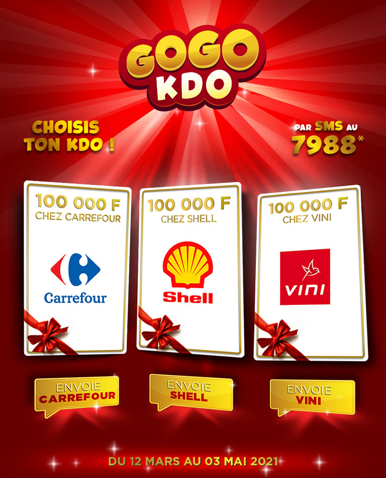 🛒 100 000 F chez CARREFOUR<br/>
⛽️ 100 000 F chez SHELL<br/>
📱 100 000 F chez VINI