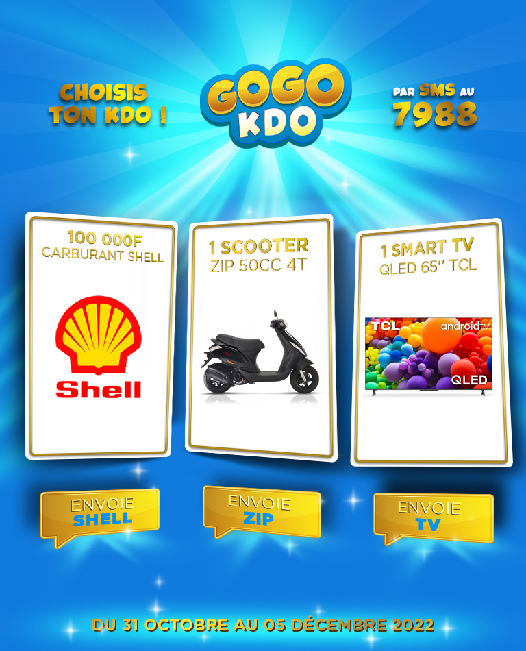 100 000 F de Carburant Shell<br/>
1 Scooter Zip 50cc 4T<br/>
1 Smart TV QLED 65" TCL<br/>