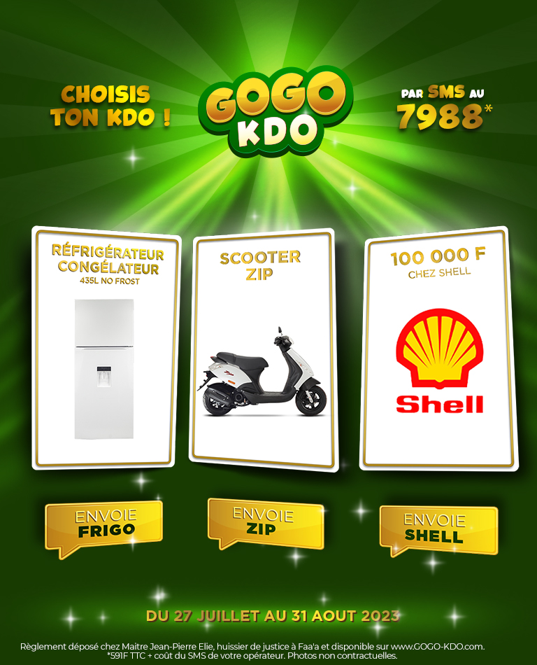 1 scooter ZIP 50<br>
100 000 F de carburant SHELL<br>
1 frigo 435L no frost<br>